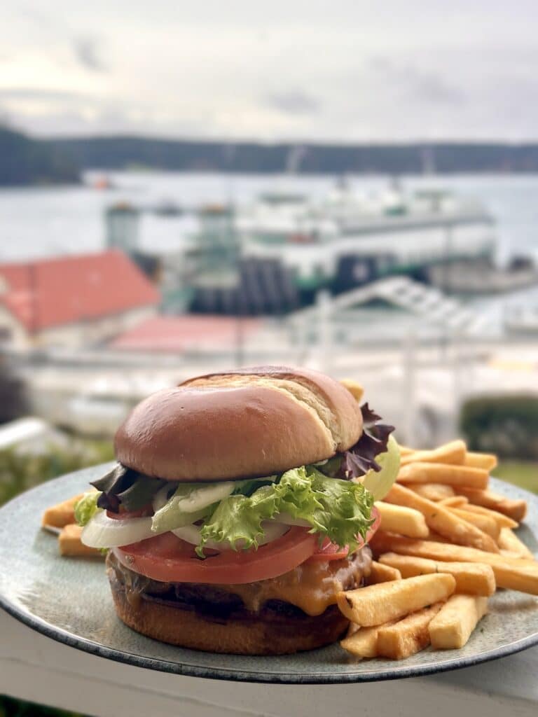 A burger with a view at our onsite cafe, one of the best orcas island restaurants